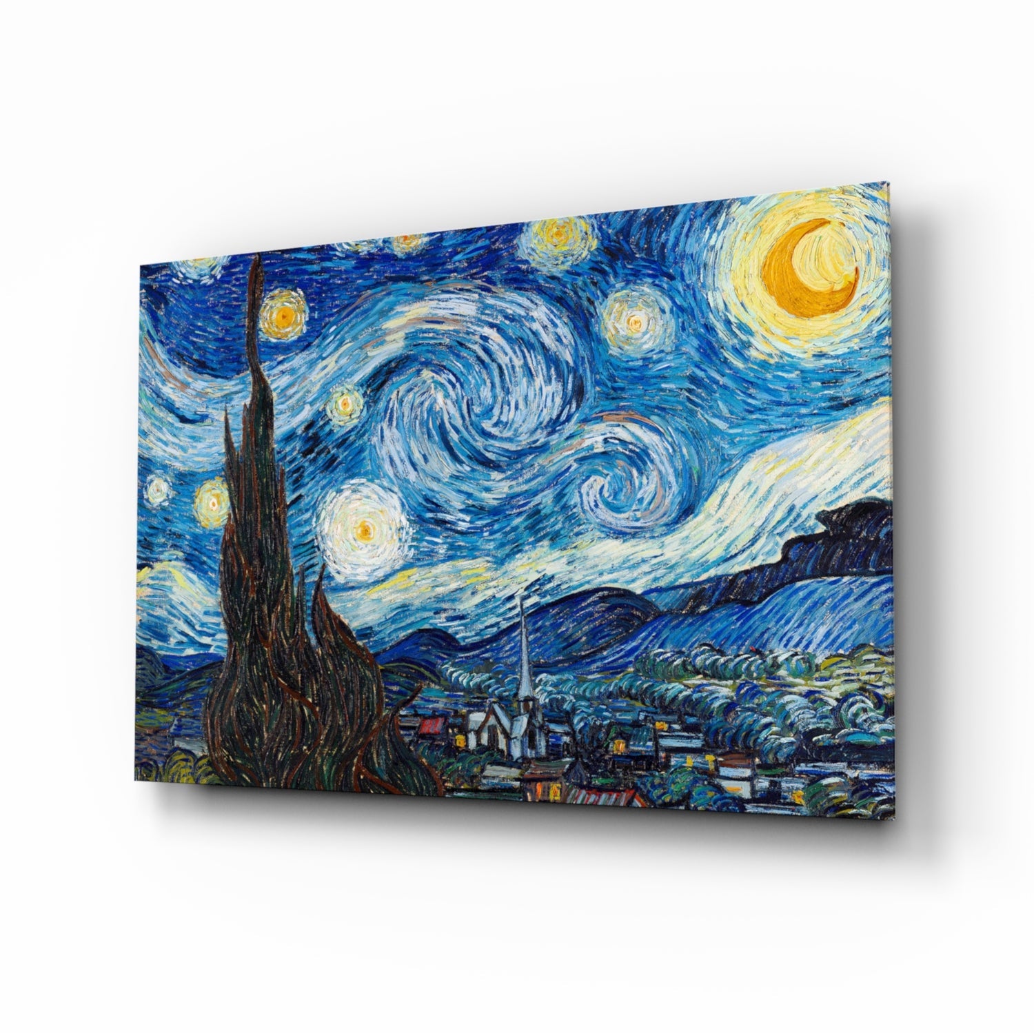 Van Gogh Starry Night tempered glass wall art on a wall