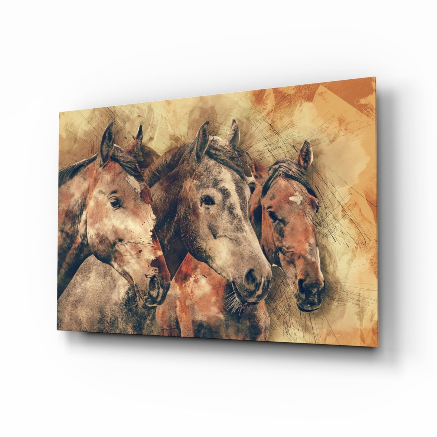 Three horse heads sepia sketch glass wall art