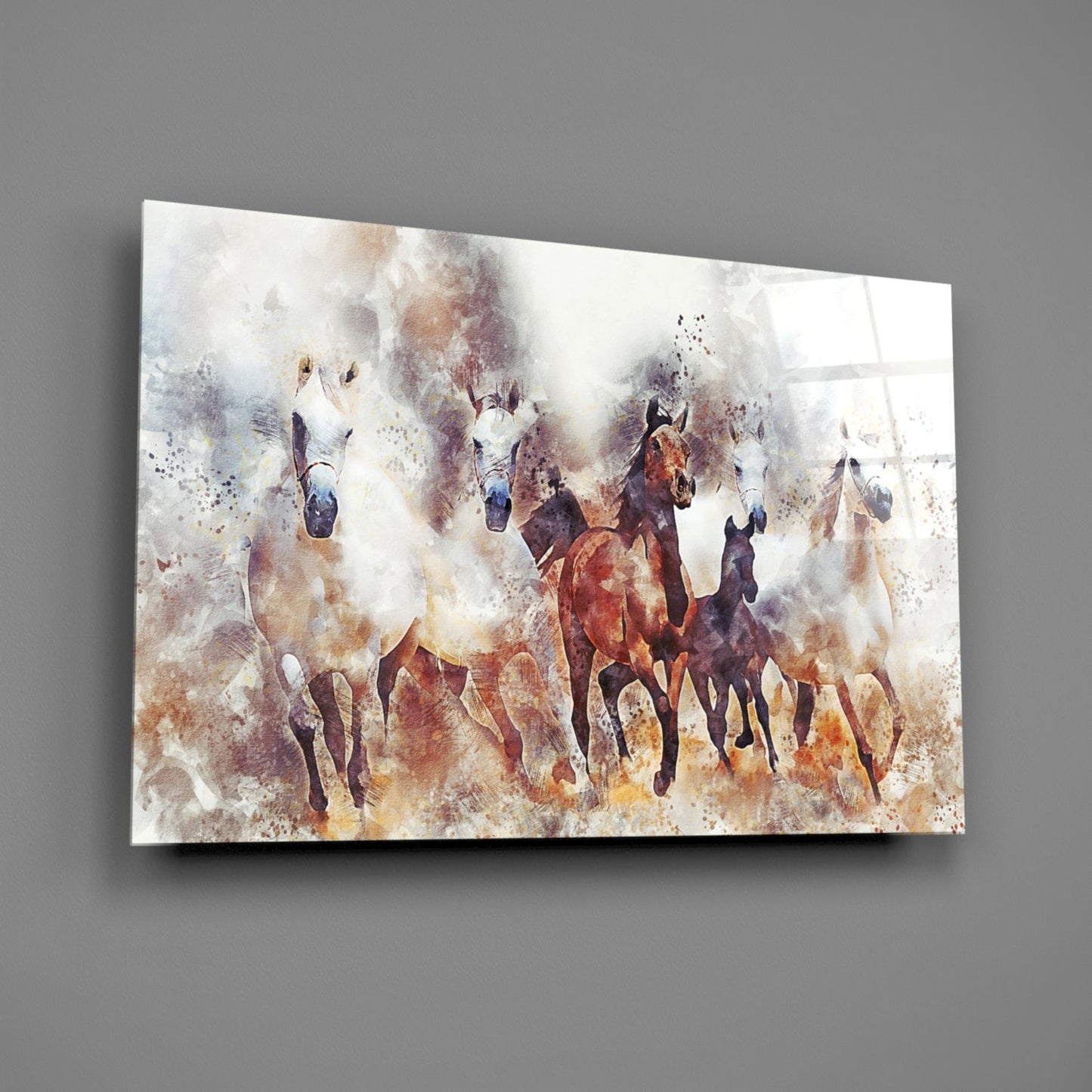 Watercolor Running Horses Glass Wall Art