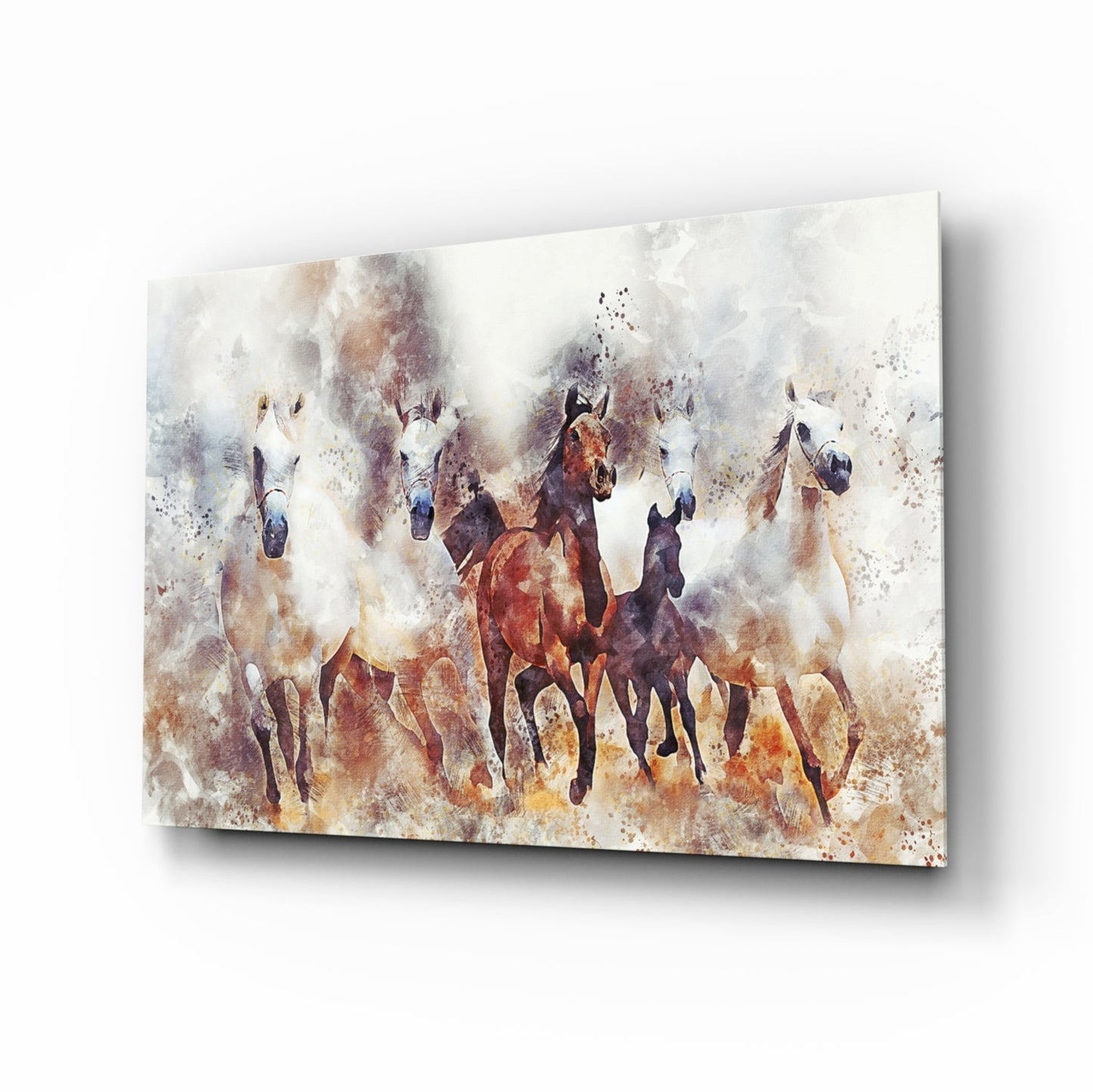 Five running horses in chestnut and cream watercolor splatter, equestrian glass wall art on tempered glass