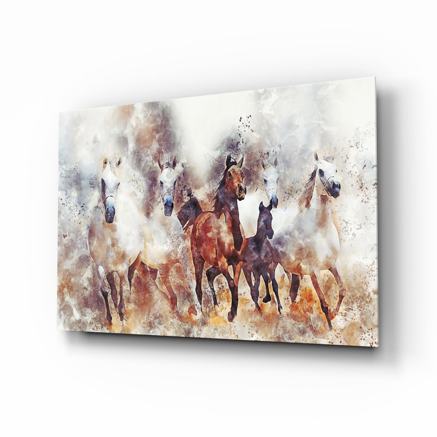 Five running horses in chestnut and cream watercolor splatter, equestrian glass wall art on tempered glass