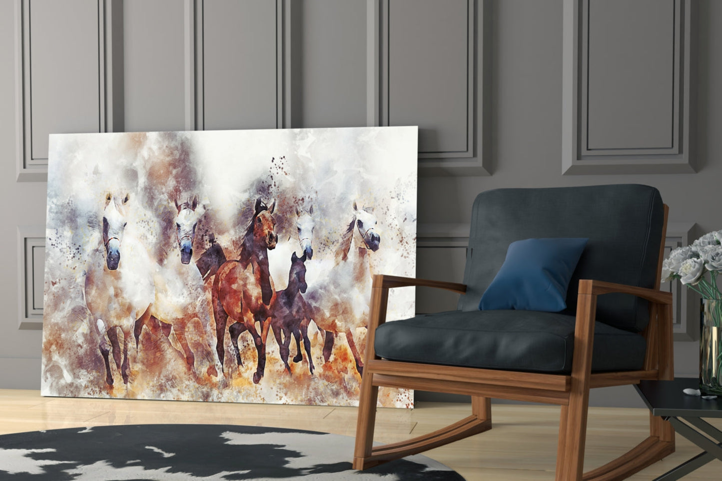 Watercolor Running Horses Glass Wall Art