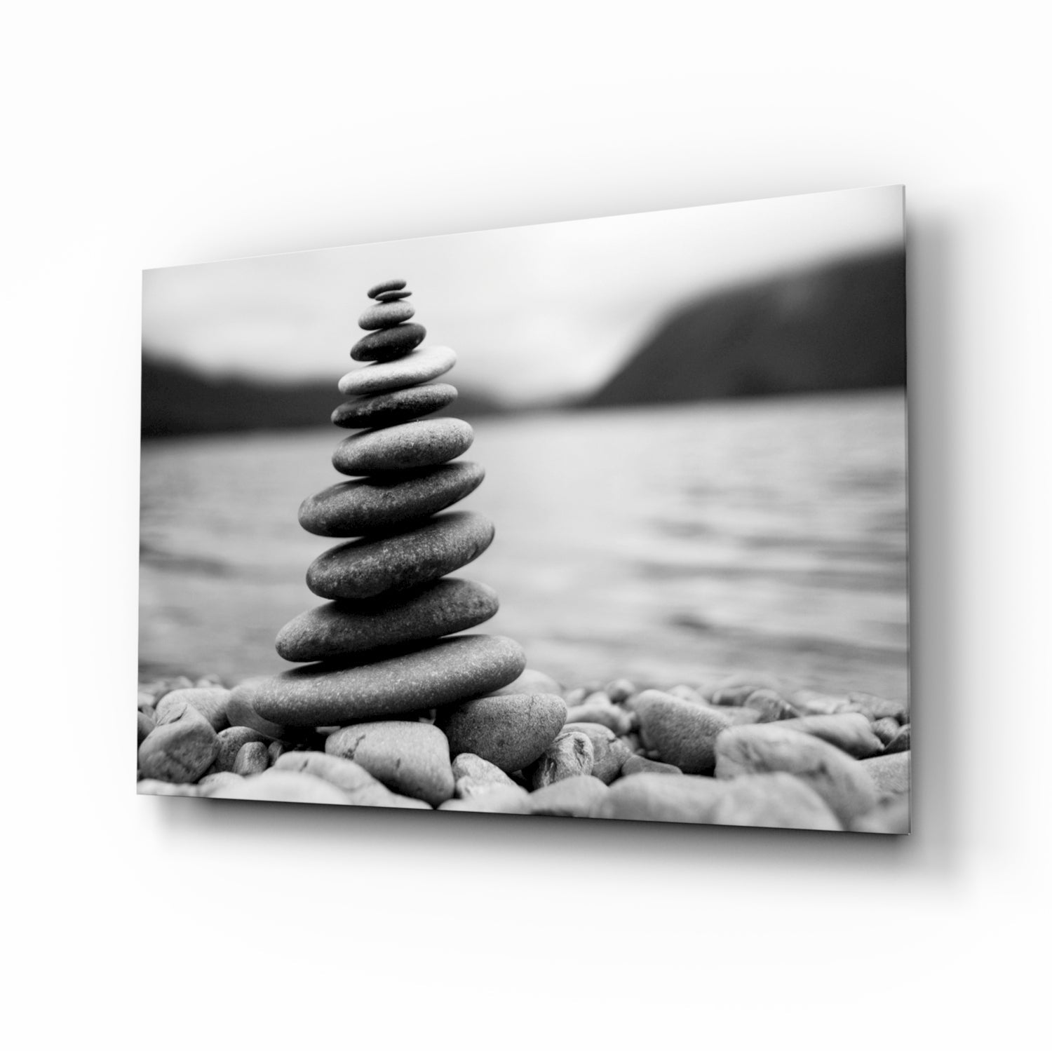Zen pebble cairn landscape glass wall art