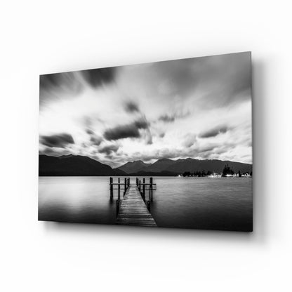 Lake jetty monochrome glass wall art
