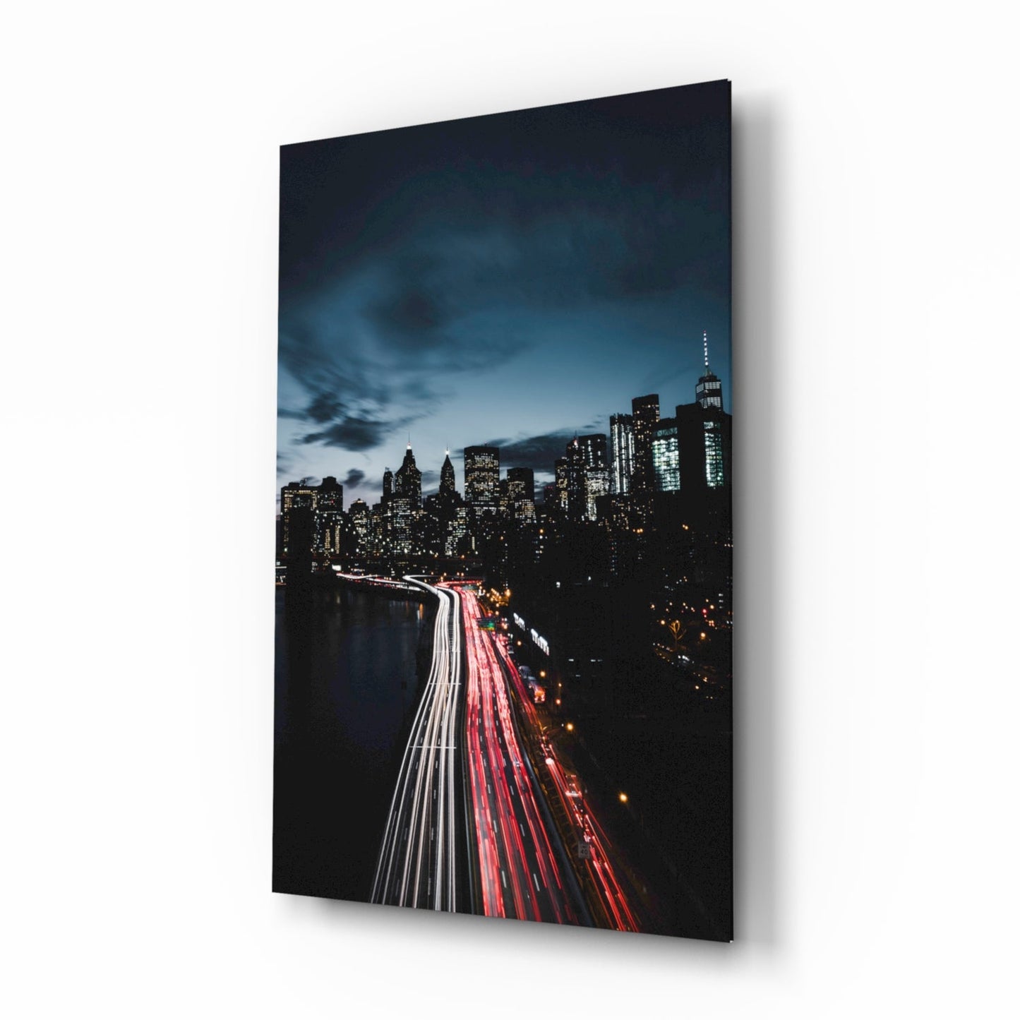 Manhattan Skyline Glass Wall Art night cityscape with light trails