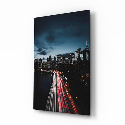 Manhattan Skyline Glass Wall Art night cityscape with light trails