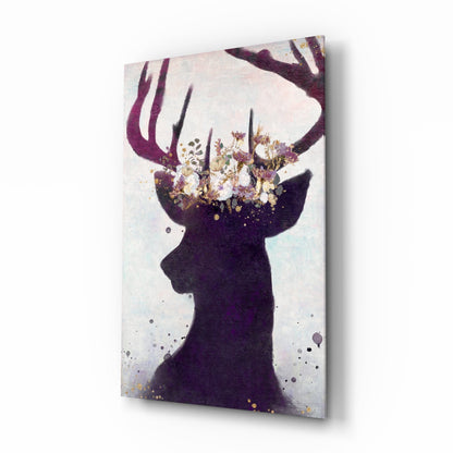 Purple deer floral crown glass wall art