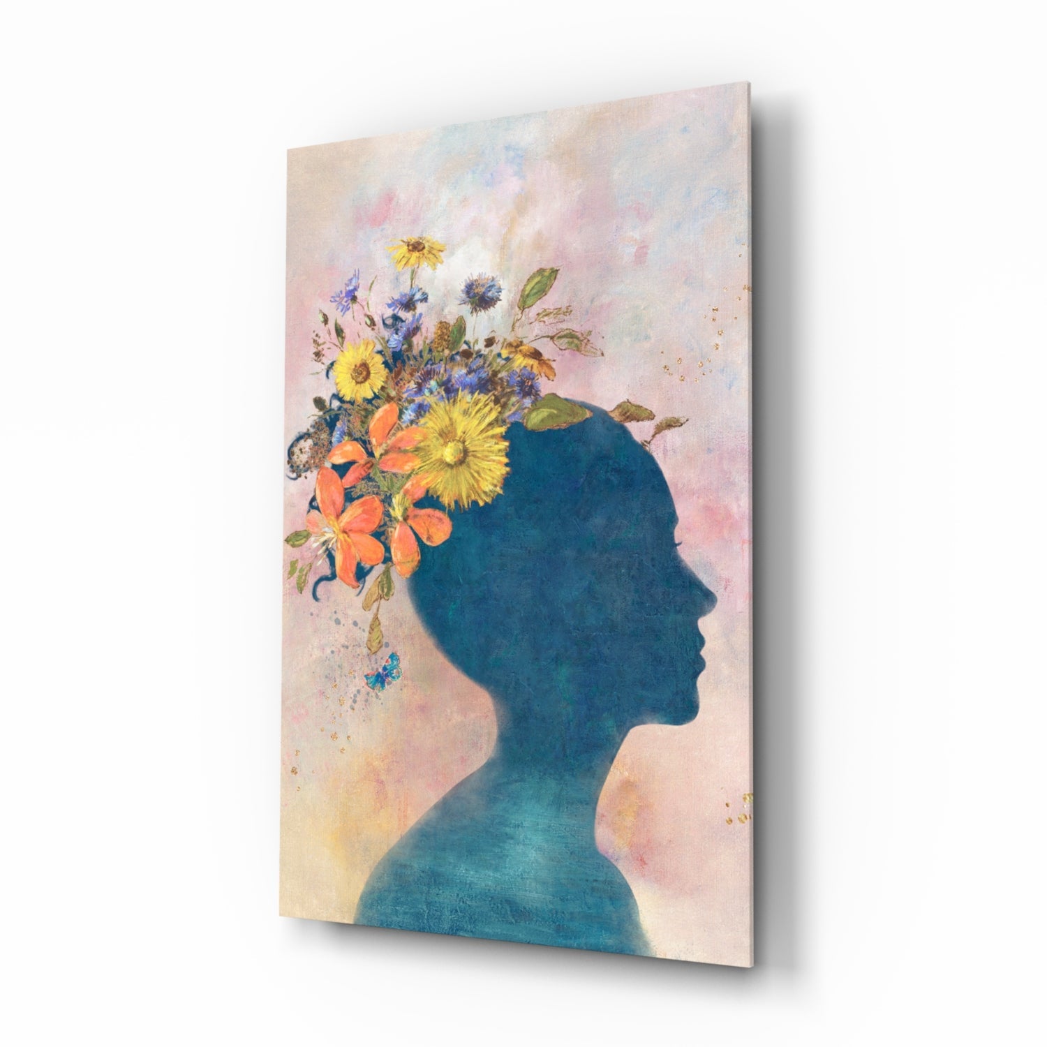 Wildflower crown woman portrait glass wall art in teal