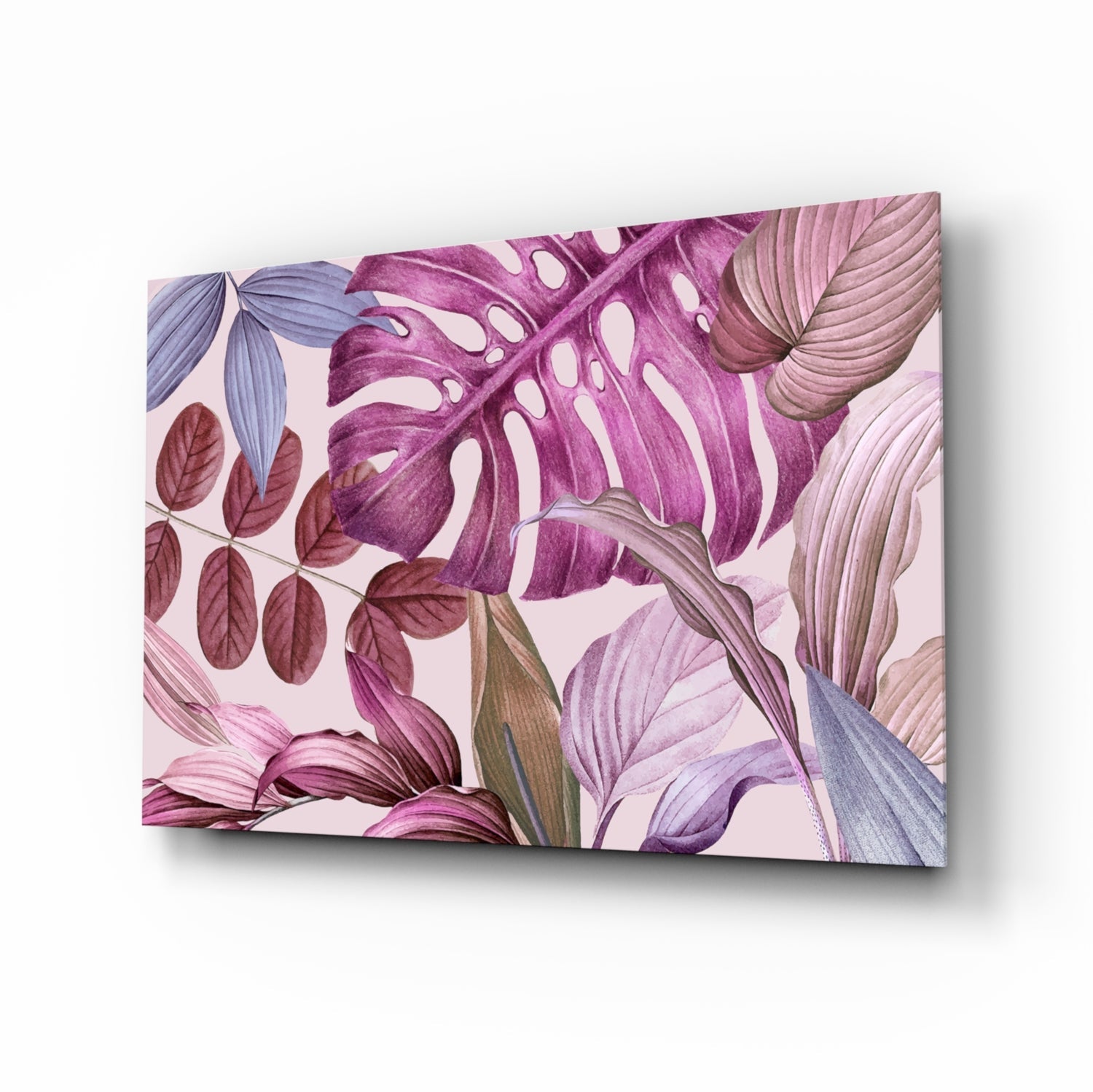 Tropical leaves glass wall art in pink and lavender