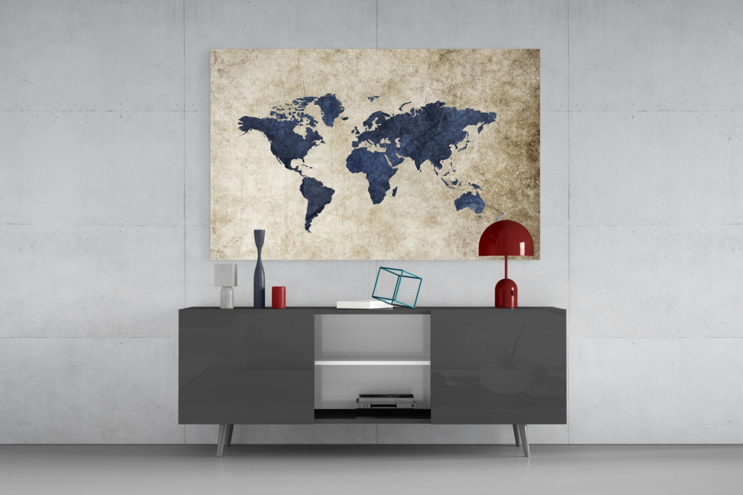 Navy World Map Glass Wall Art