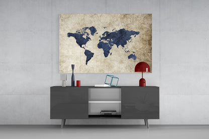 Navy World Map Glass Wall Art