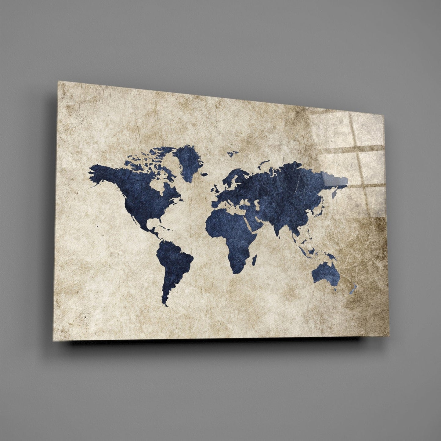 Navy World Map Glass Wall Art