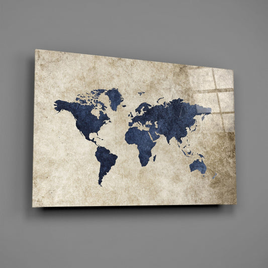 Navy World Map Glass Wall Art