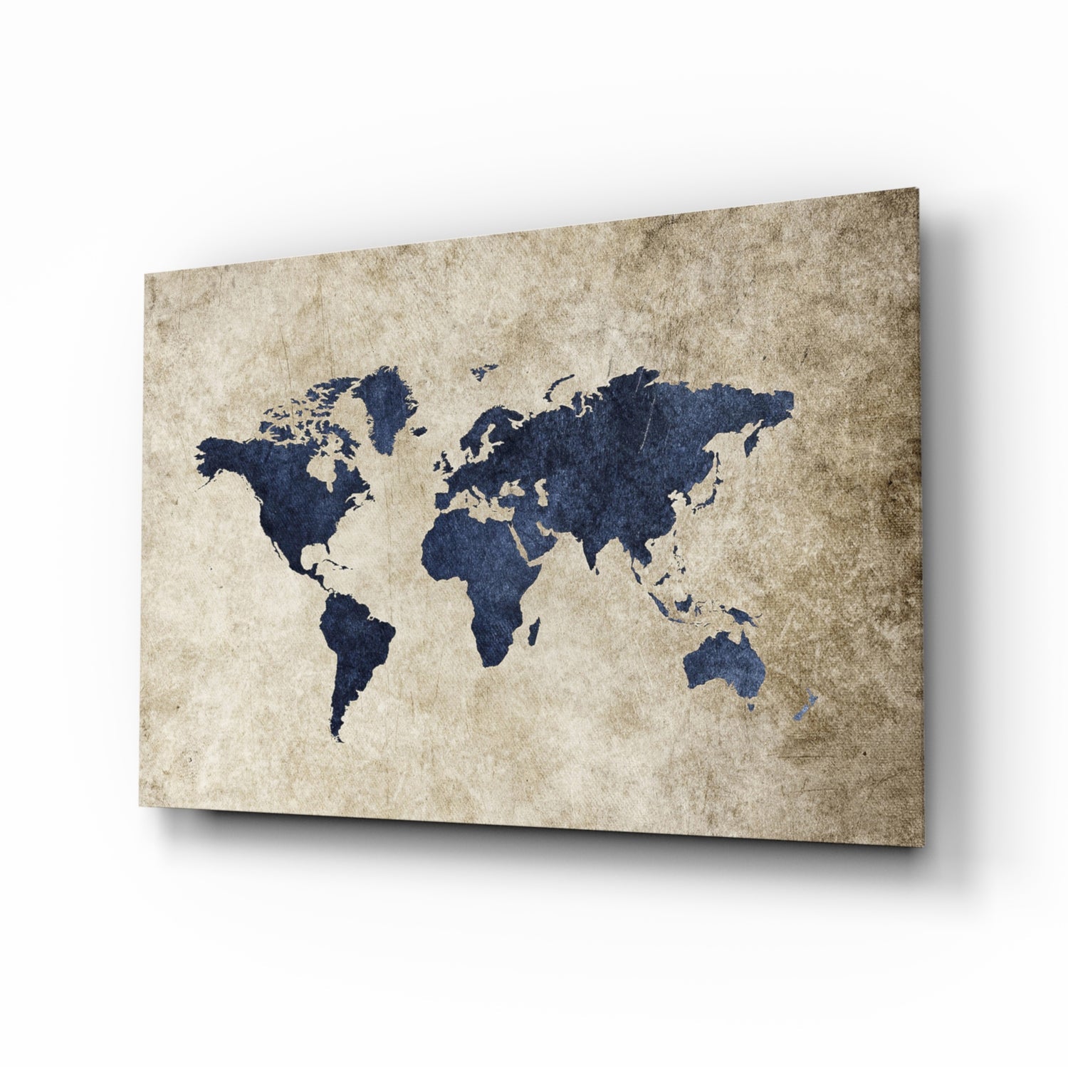 Navy World Map glass wall art on a sepia parchment field