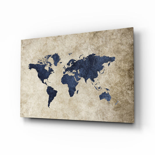 Navy World Map glass wall art on a sepia parchment field