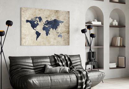 Navy World Map Glass Wall Art