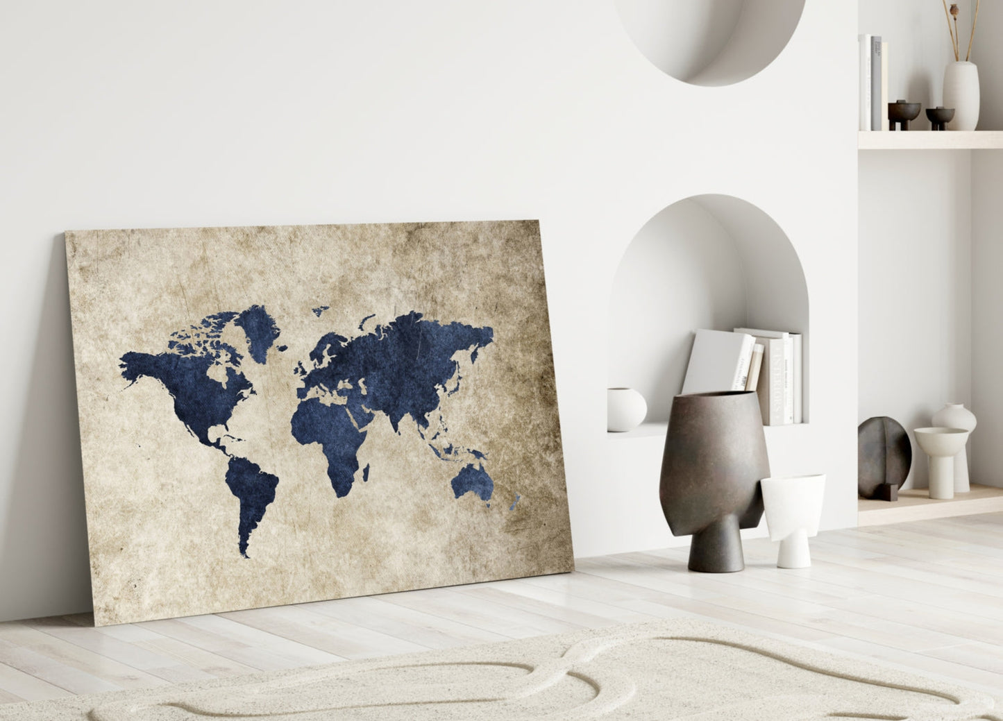 Navy World Map Glass Wall Art