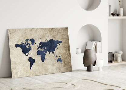 Navy World Map Glass Wall Art