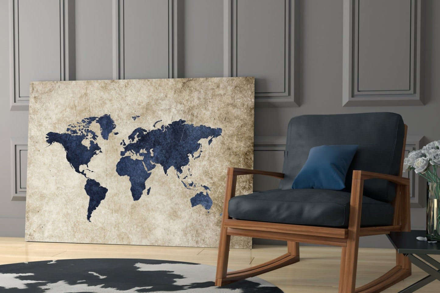 Navy World Map Glass Wall Art