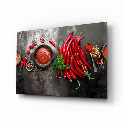Red Peppers glass wall art kitchen still life