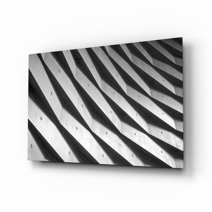 Concrete facade glass wall art, black-and-white diagonal concrete fins with shadow stripes