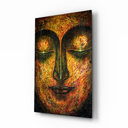 Amber Buddha face glass wall art, serene face in amber, rust, and gold oil paint