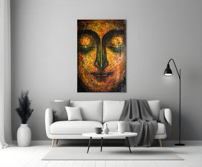 Amber Buddha Face Glass Wall Art