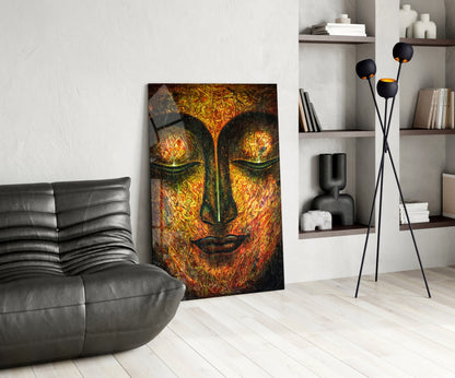 Amber Buddha Face Glass Wall Art