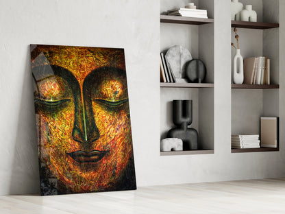 Amber Buddha Face Glass Wall Art
