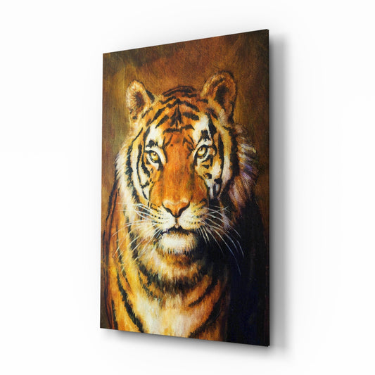 Oil-paint style tiger portrait on warm sienna, glass wall art