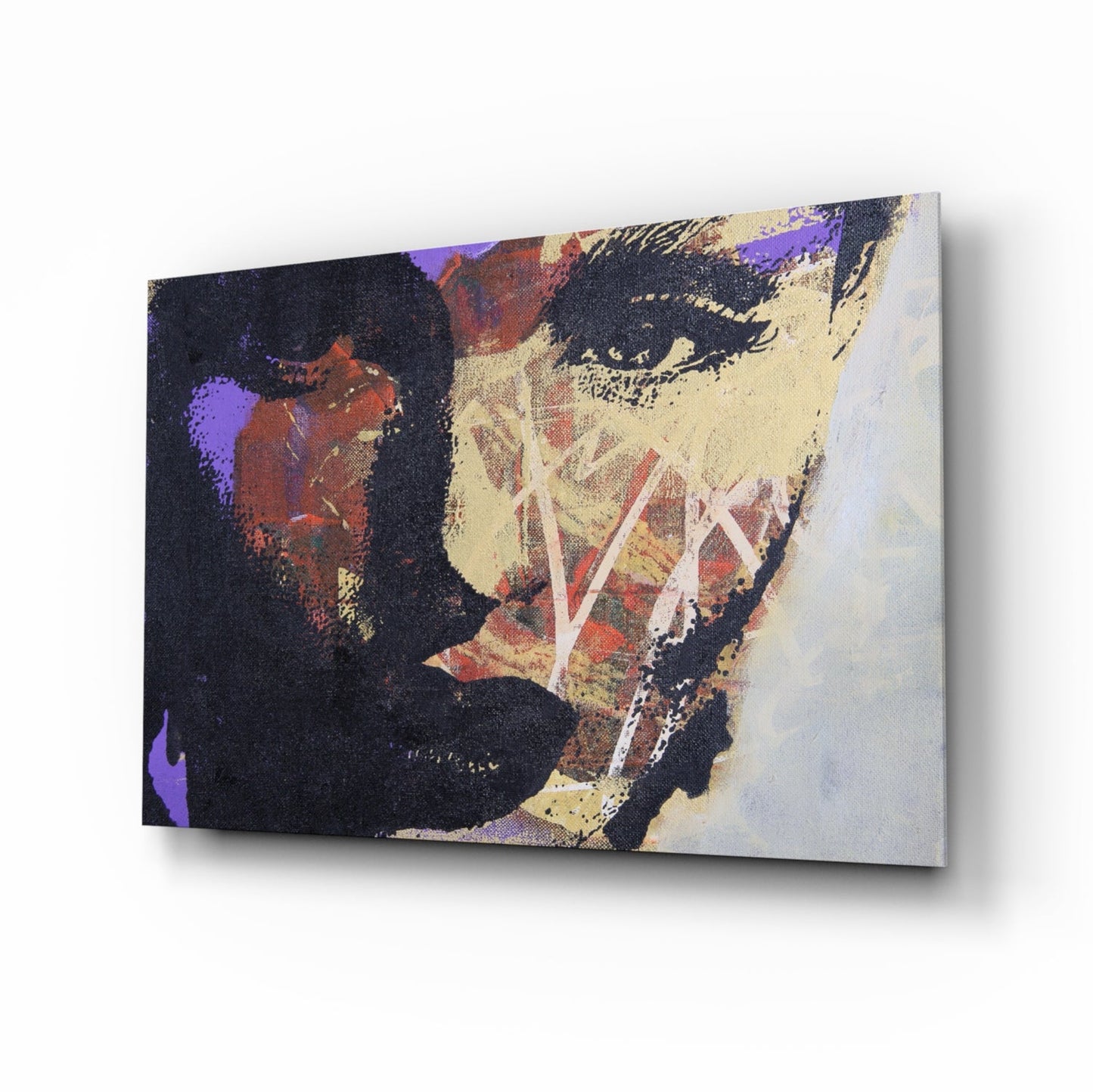 Collage portrait glass wall art with navy and gold mixed media design