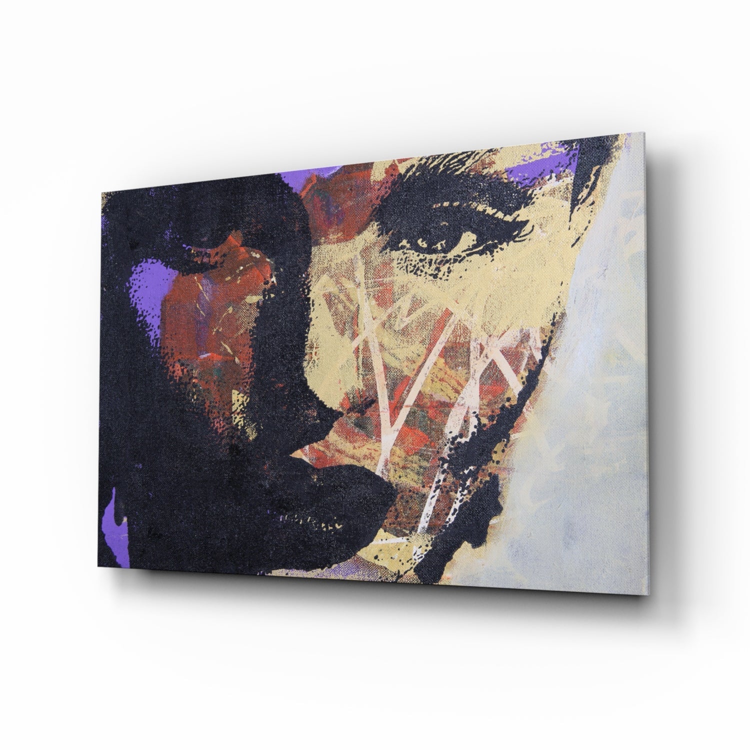 Collage portrait glass wall art with navy and gold mixed media design