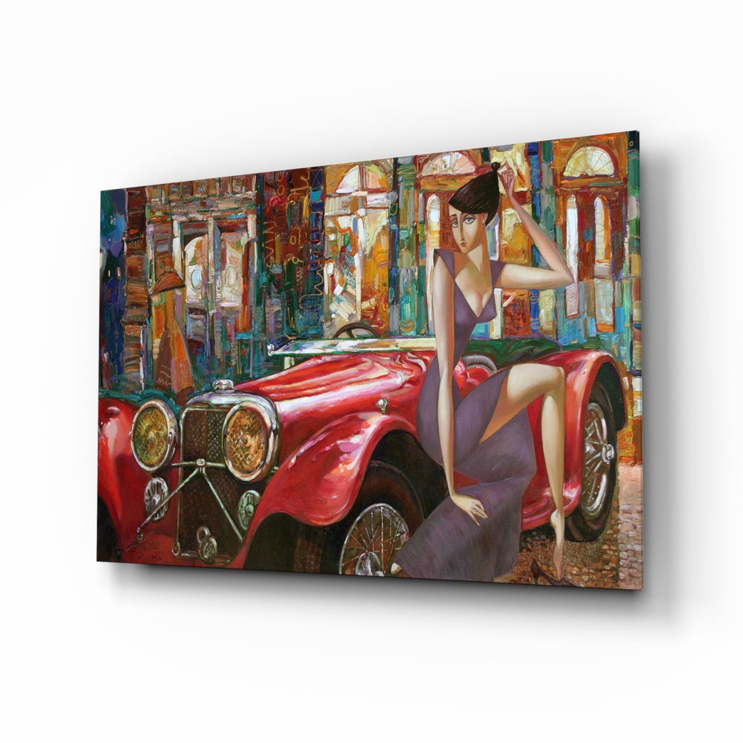 Art deco woman with vintage car tempered glass wall art