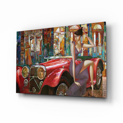 Art deco woman with vintage car tempered glass wall art