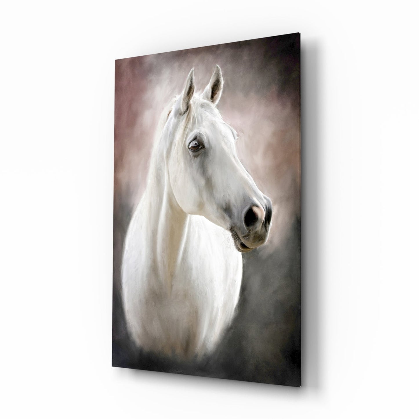 Serene white horse portrait glass wall art