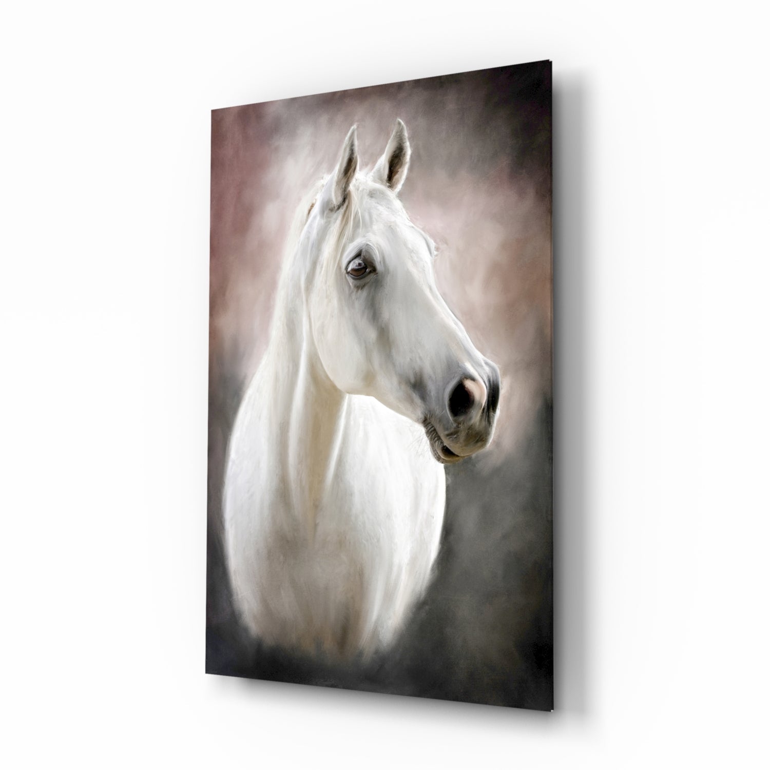 Serene white horse portrait glass wall art