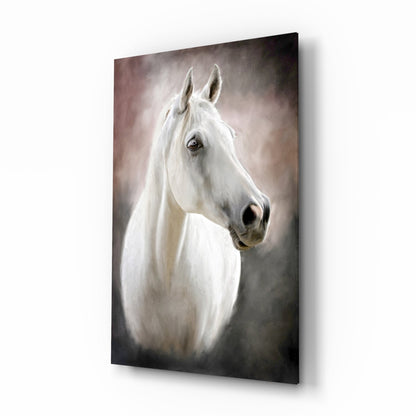 Serene white horse portrait glass wall art
