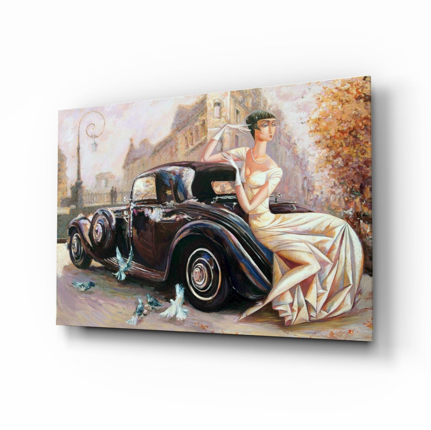 Art Deco Car Glass Wall Art - vintage woman and coupe scene