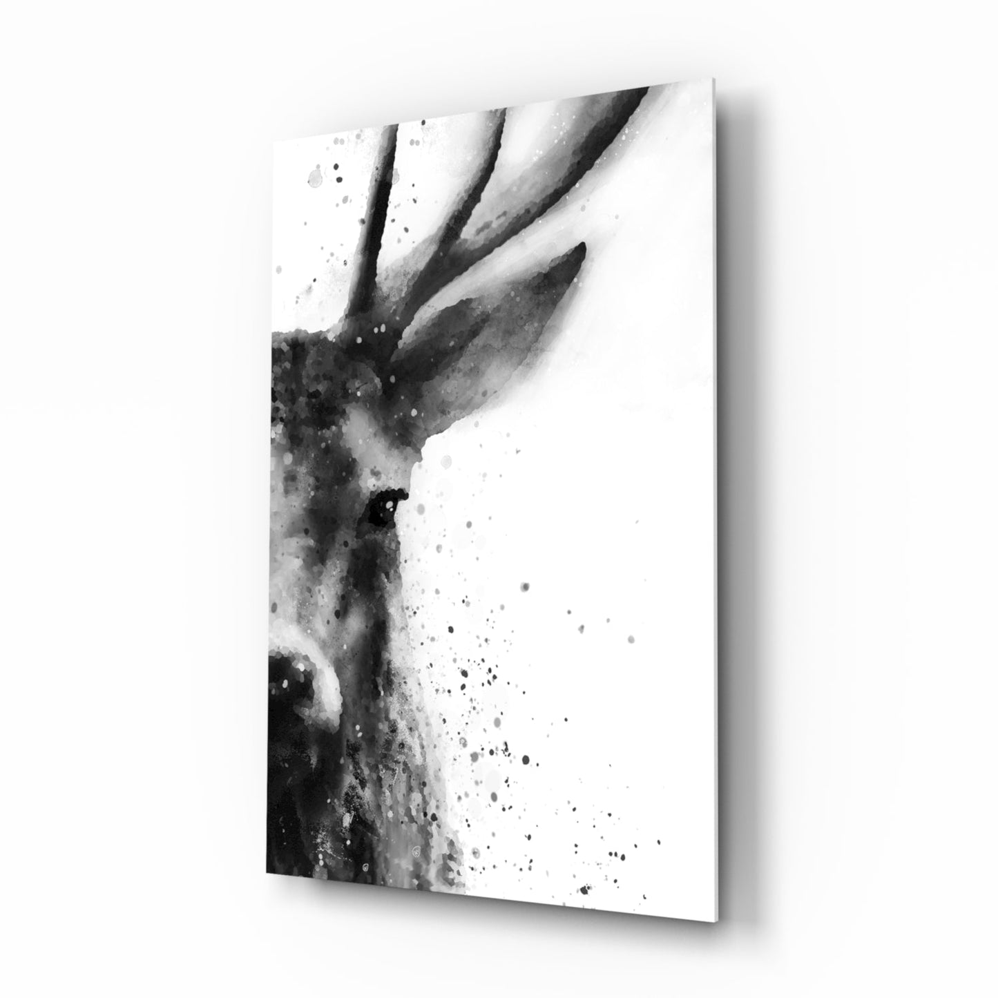 Black-and-white watercolor stag glass wall art