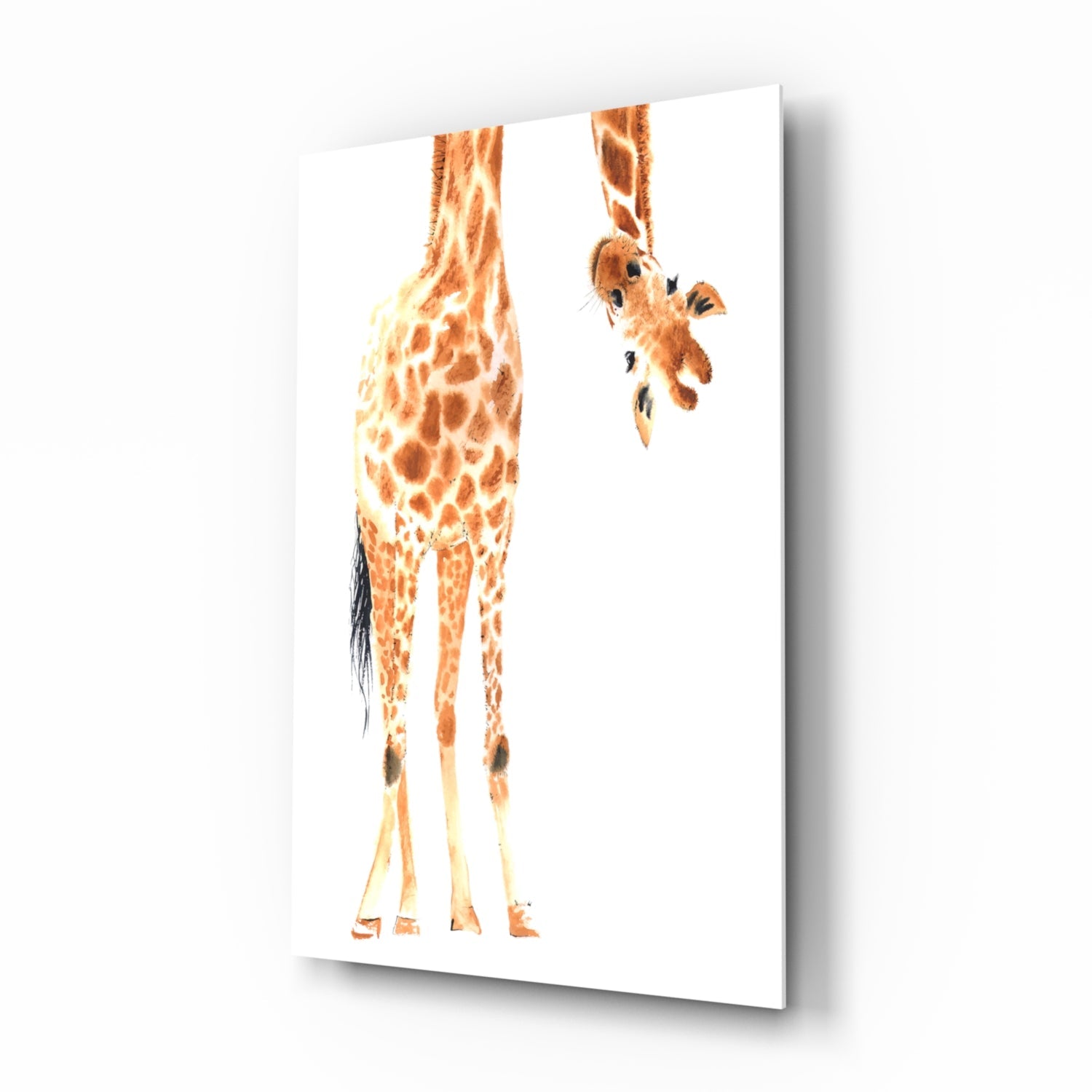 Playful giraffe watercolor glass wall art, two giraffes meeting neck to neck on tempered glass