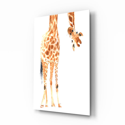 Playful giraffe watercolor glass wall art, two giraffes meeting neck to neck on tempered glass