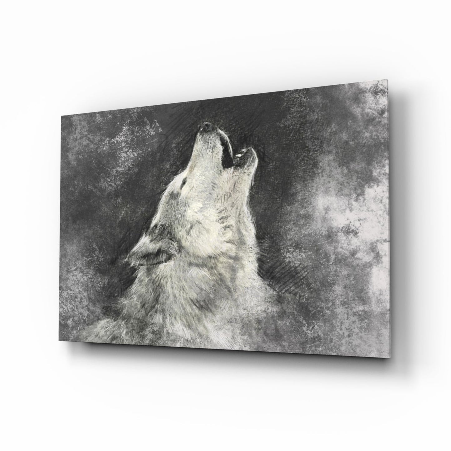 Howling wolf in charcoal on gray field, glass wall art