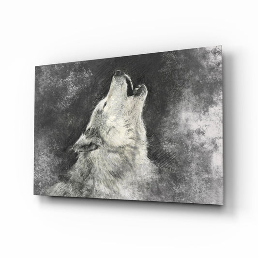 Howling wolf in charcoal on gray field, glass wall art