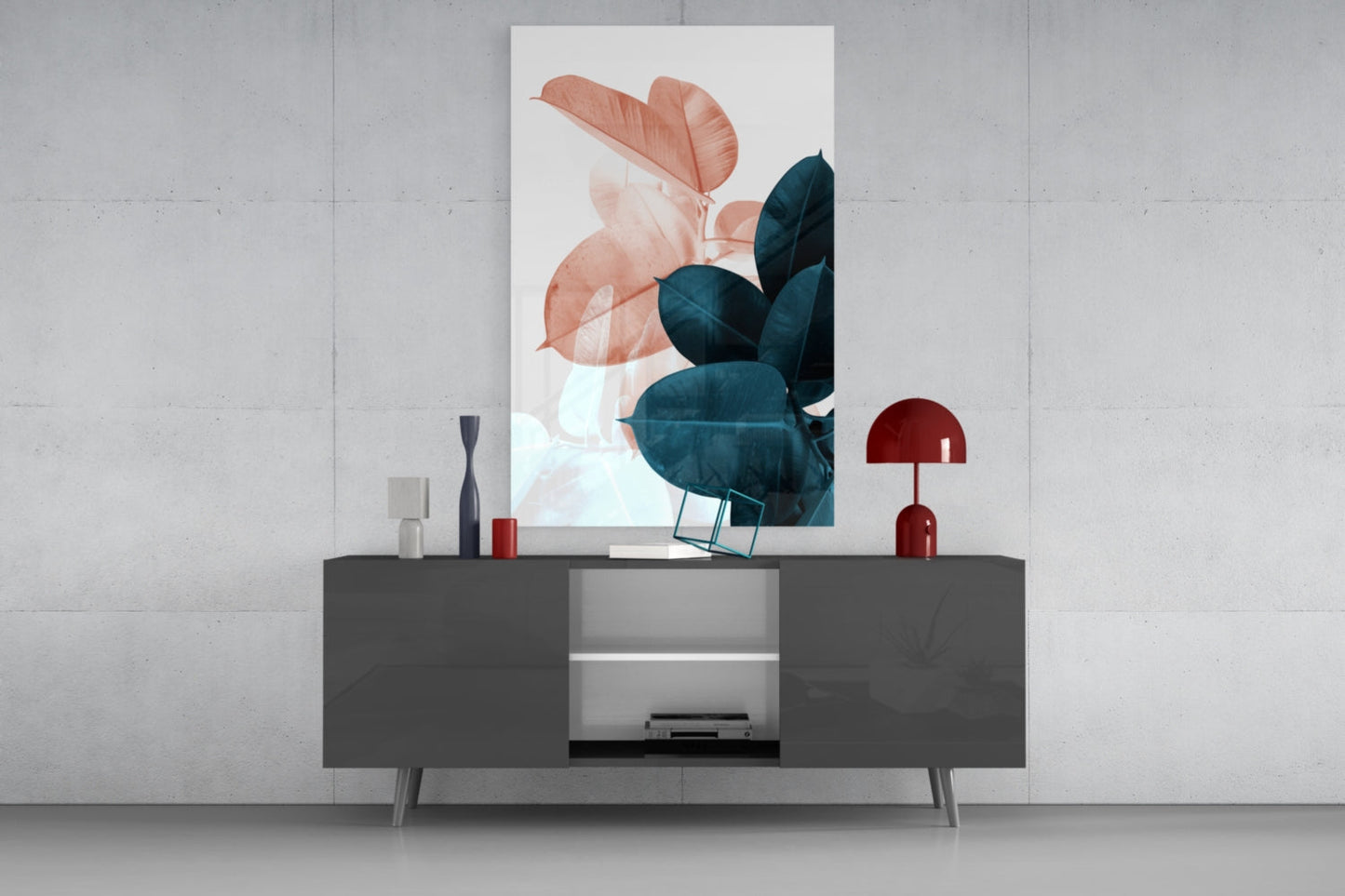 Teal Rubber Plant Leaves Glass Wall Art