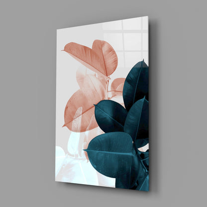 Teal Rubber Plant Leaves Glass Wall Art