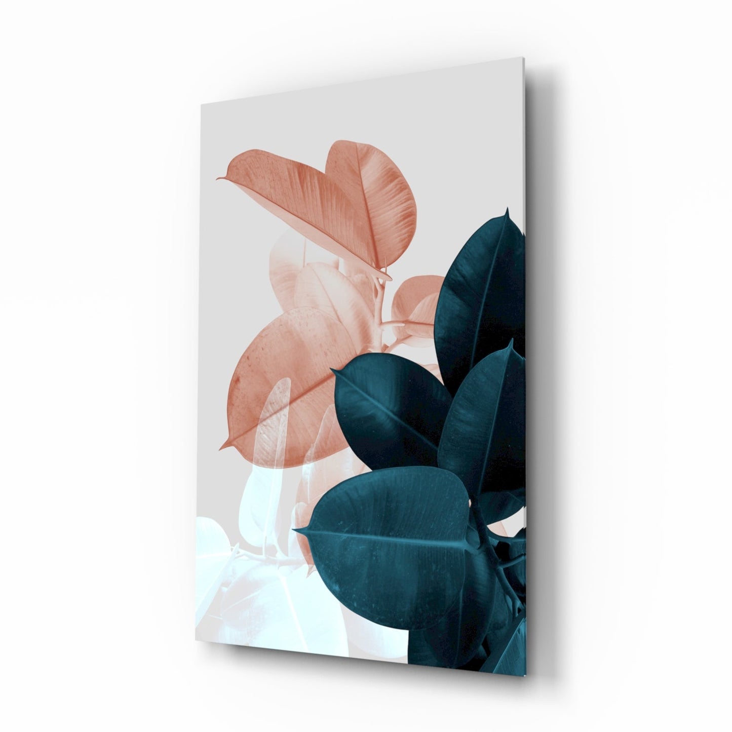 Teal rubber plant leaves glass wall art botanical design