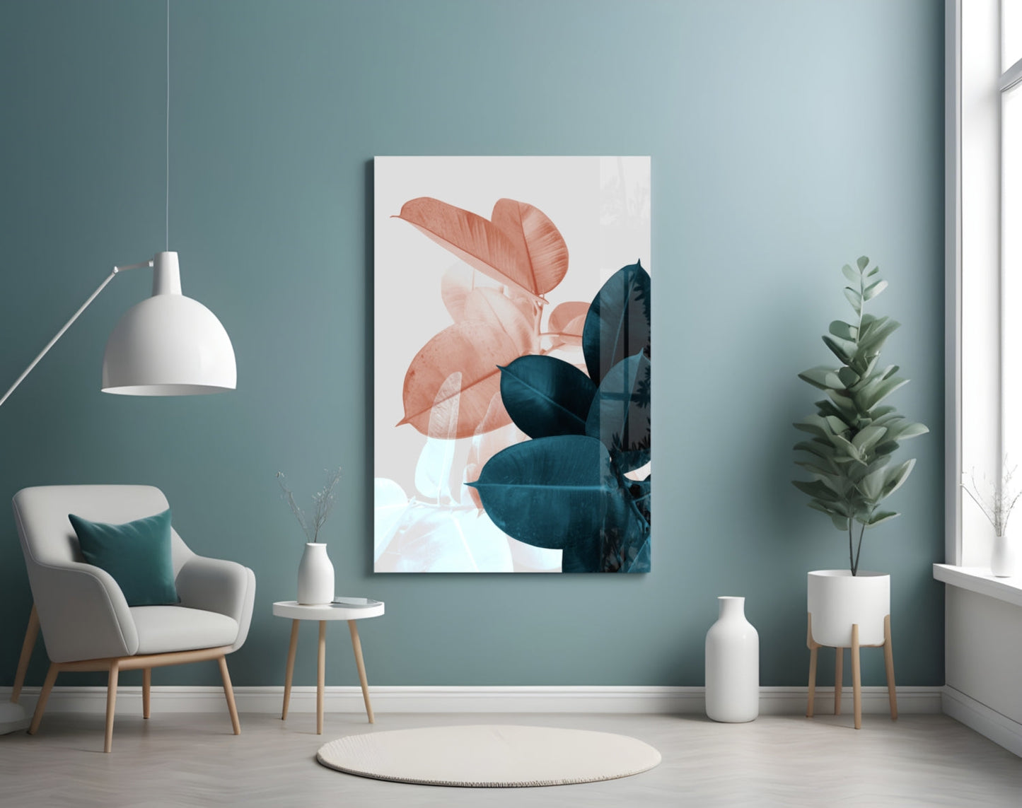 Teal Rubber Plant Leaves Glass Wall Art