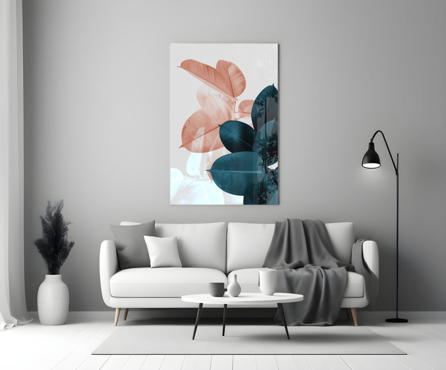 Teal Rubber Plant Leaves Glass Wall Art
