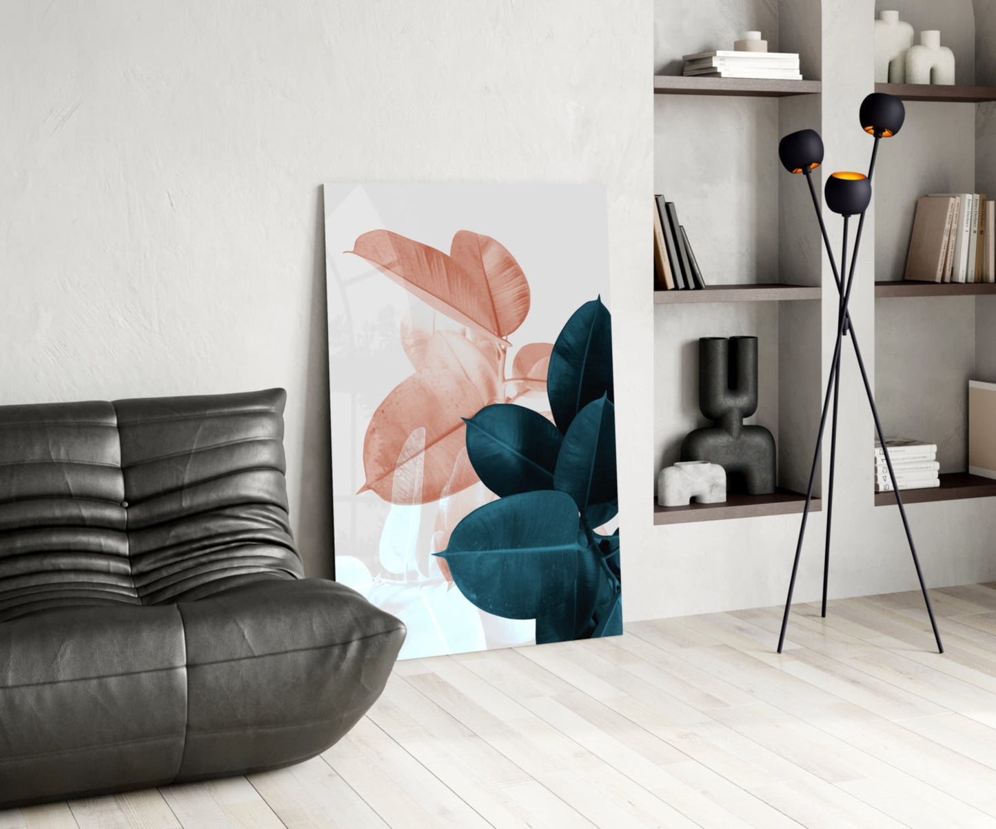 Teal Rubber Plant Leaves Glass Wall Art