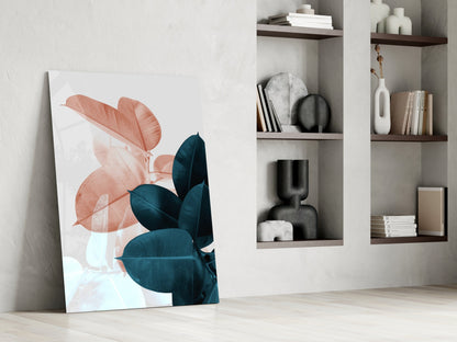 Teal Rubber Plant Leaves Glass Wall Art